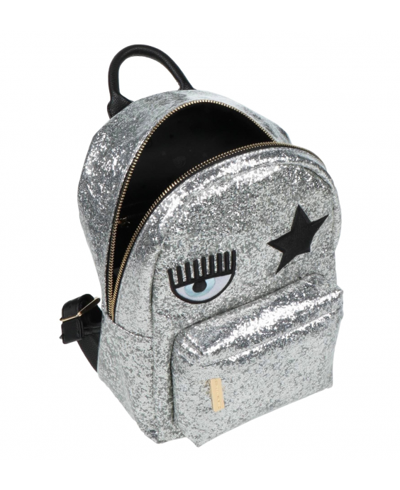 CHIARA FERRAGNI Woman Glitter Silver Eye star logo Backpack 73SB4BO1 ZS540