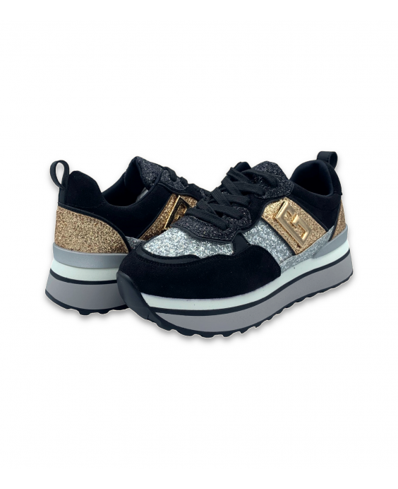 GOLD&GOLD Woman Black Glitter Platform Sneakers GB521
